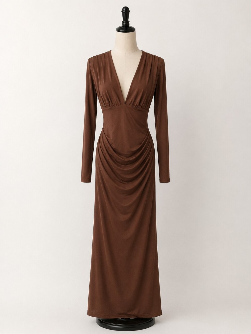Women’s Long Sleeve Brown Draped V-Neck Maxi Dress